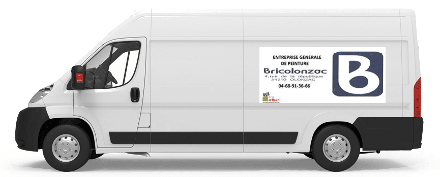 Fourgonnette Bricolonzac, entreprise de peinture à Olonzac, avec logo B et coordonnées visibles sur le flanc.