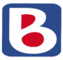 Lettre B blanche stylisée, intérieur rouge, fond bleu arrondi.