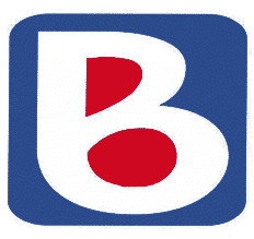 Lettre B blanche stylisée, intérieur rouge, fond bleu arrondi.