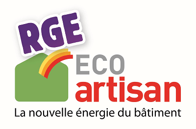 Logo RGE ECO artisan : La nouvelle énergie du bâtiment Logo RGE ECO artisan avec maison verte et arc-en-ciel, slogan La nouvelle énergie du bâtiment.