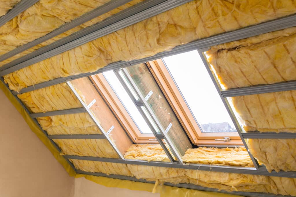 Isolation de toiture : pose de laine de verre et velux Isolation thermique de toiture avec laine de verre, rails métalliques et fenêtre de toit dans des combles.